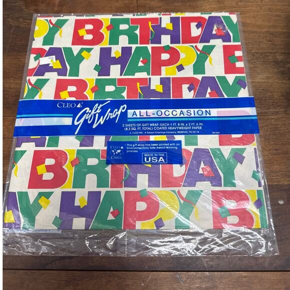 Vintage Cleo Gift Wrap Paper Made In USA All Occasion Happy Birthday Print 90's - Picture 1 of 3